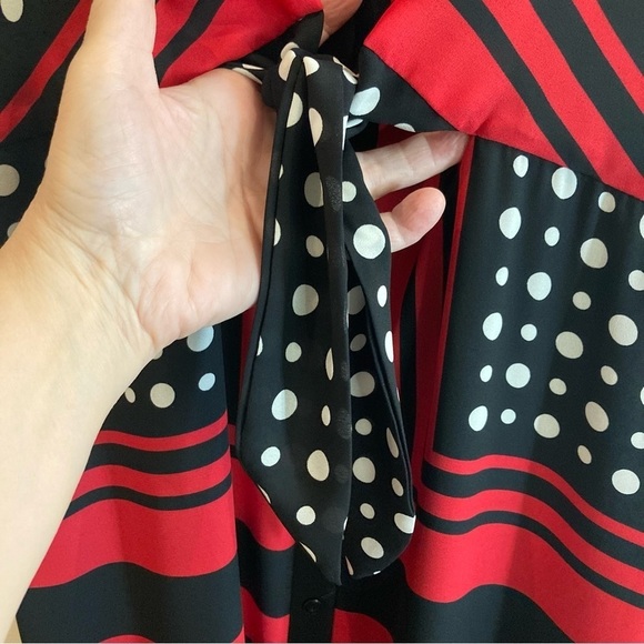 JOSEPH RIBKOFF Sz 10 Polka Dot Red Stripe Square Front Bow Lined Midi Dress - Picture 7 of 13